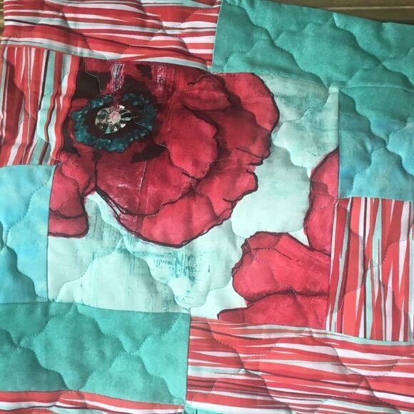Hand Crafted Quilt Turquoise and Red - Picture 4 of 15